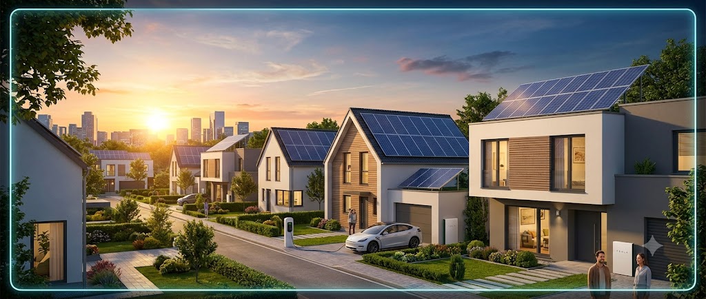 Modern modular homes with rooftop solar panels line a landscaped street at sunset under a clear sky.